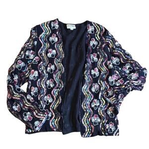 Sistermax Vintage Sequin Beaded Silk Jacket Rainbow Black Sz M